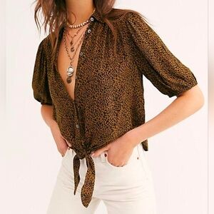 Free People Celia Printed Tie-Front Blouse Leopard Brown Size M